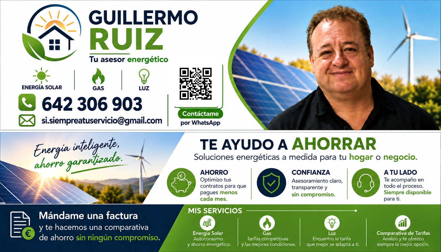 Tarjeta de presentación de Guillermo Ruiz, asesor energético, con datos de contacto y código QR