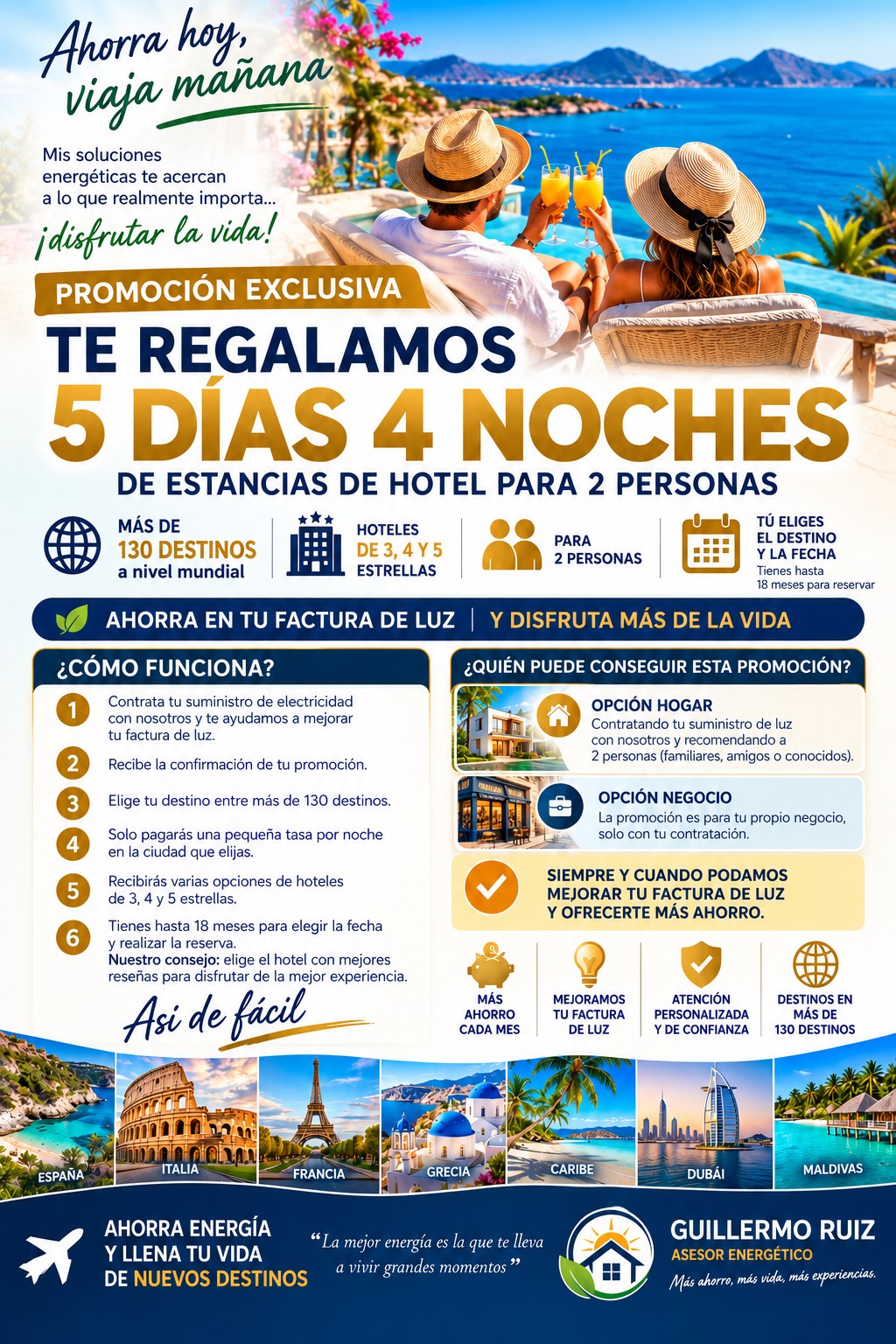 Flyer de la promoción energética: 5 días y 4 noches para dos personas, condiciones de hogar y negocio